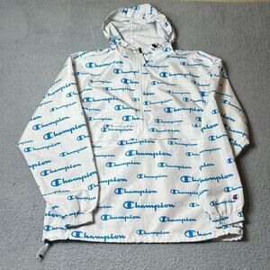 Champion Jacket Mens M White Packable Stadium Script‎ All Over Logo Windbreaker